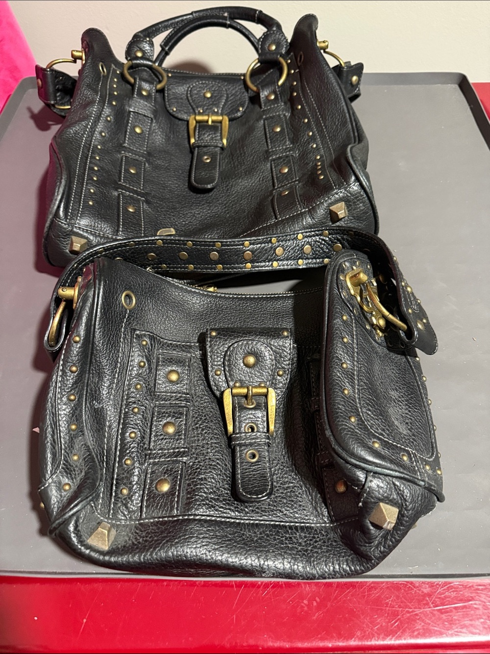 Betsey Johnson Black Leather Studded Shoulder Bag with Gold Hardware
